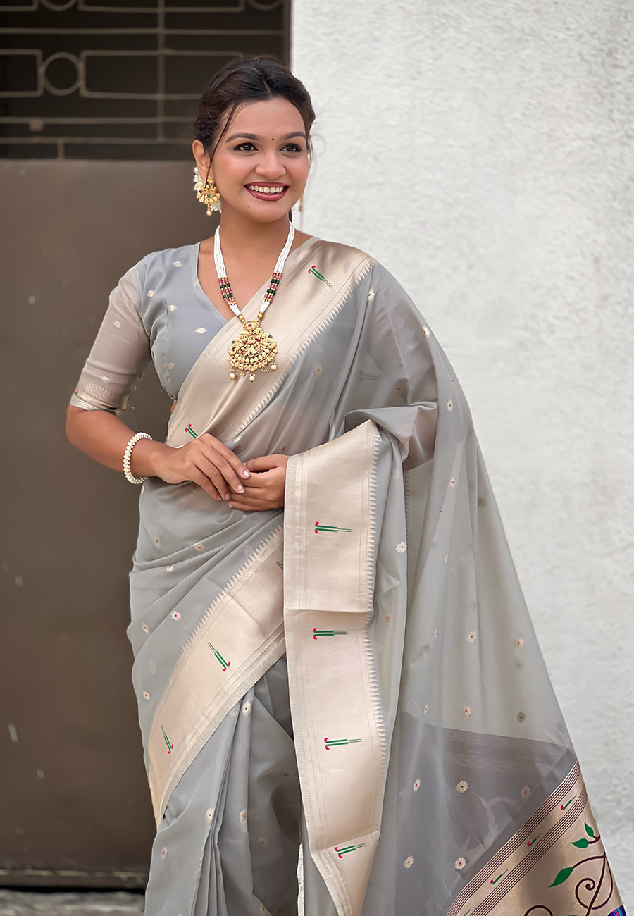 Grey Organza Paithani Zari Woven Saree