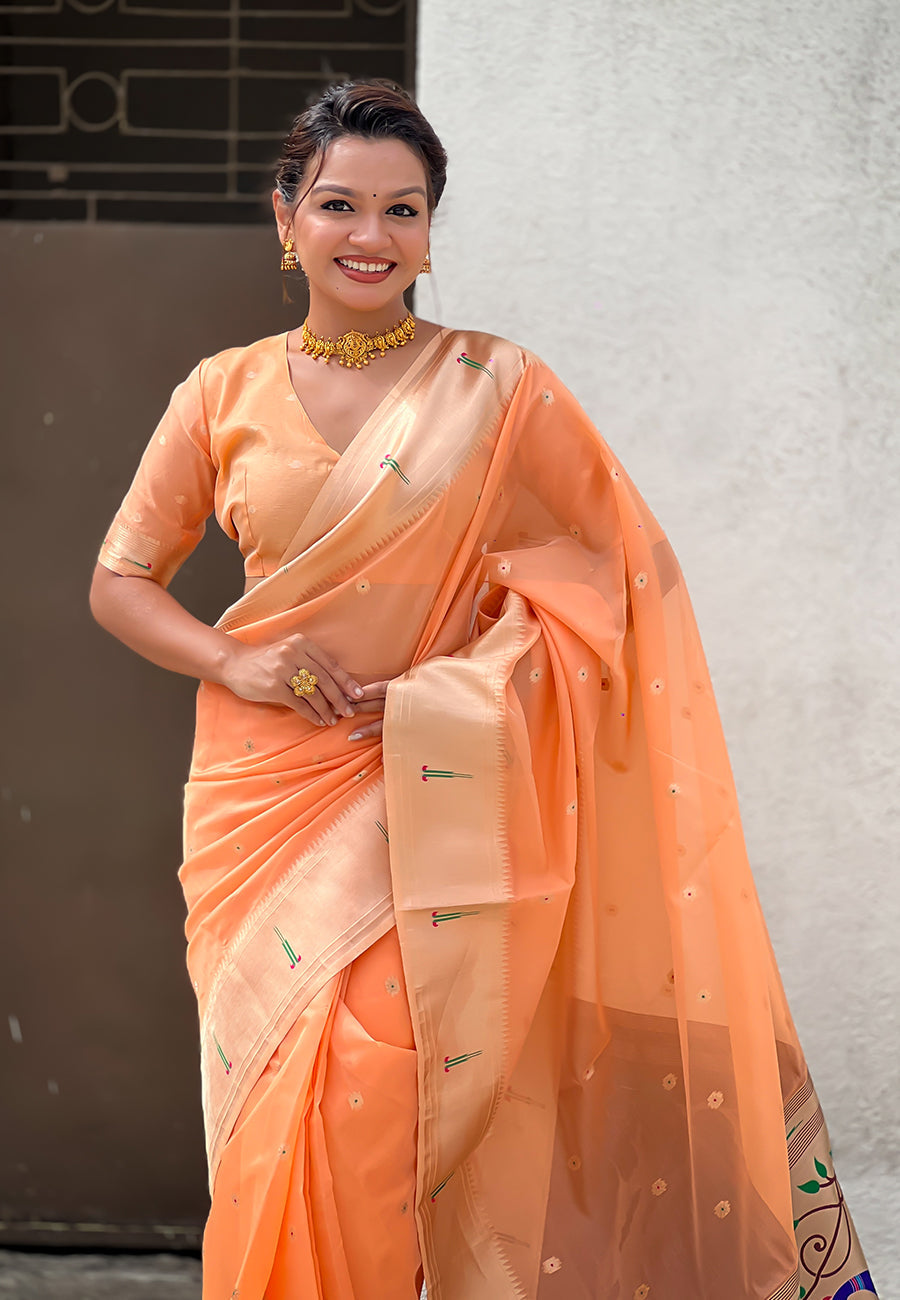 Peach Organza Paithani Zari Woven Saree