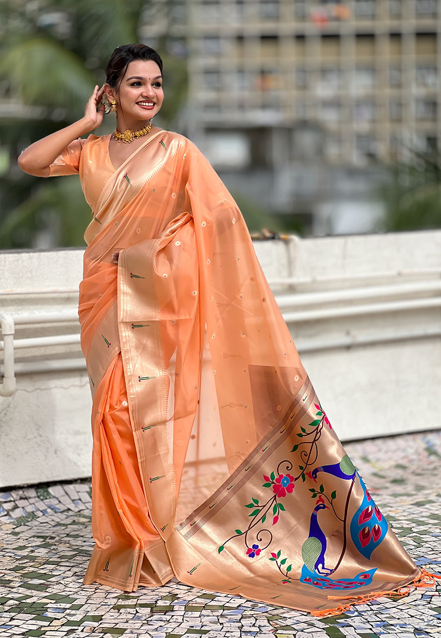 Peach Organza Paithani Zari Woven Saree