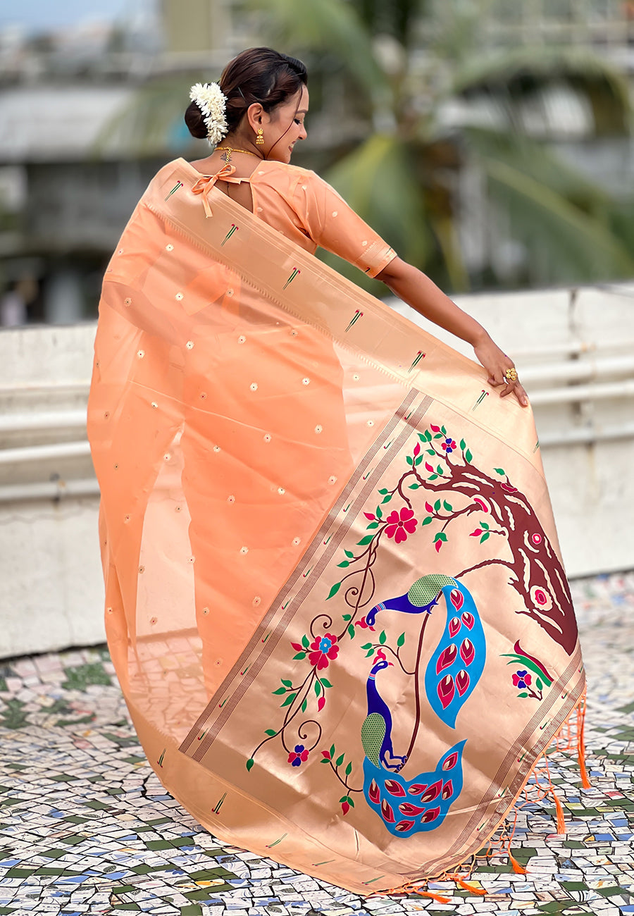 Peach Organza Paithani Zari Woven Saree