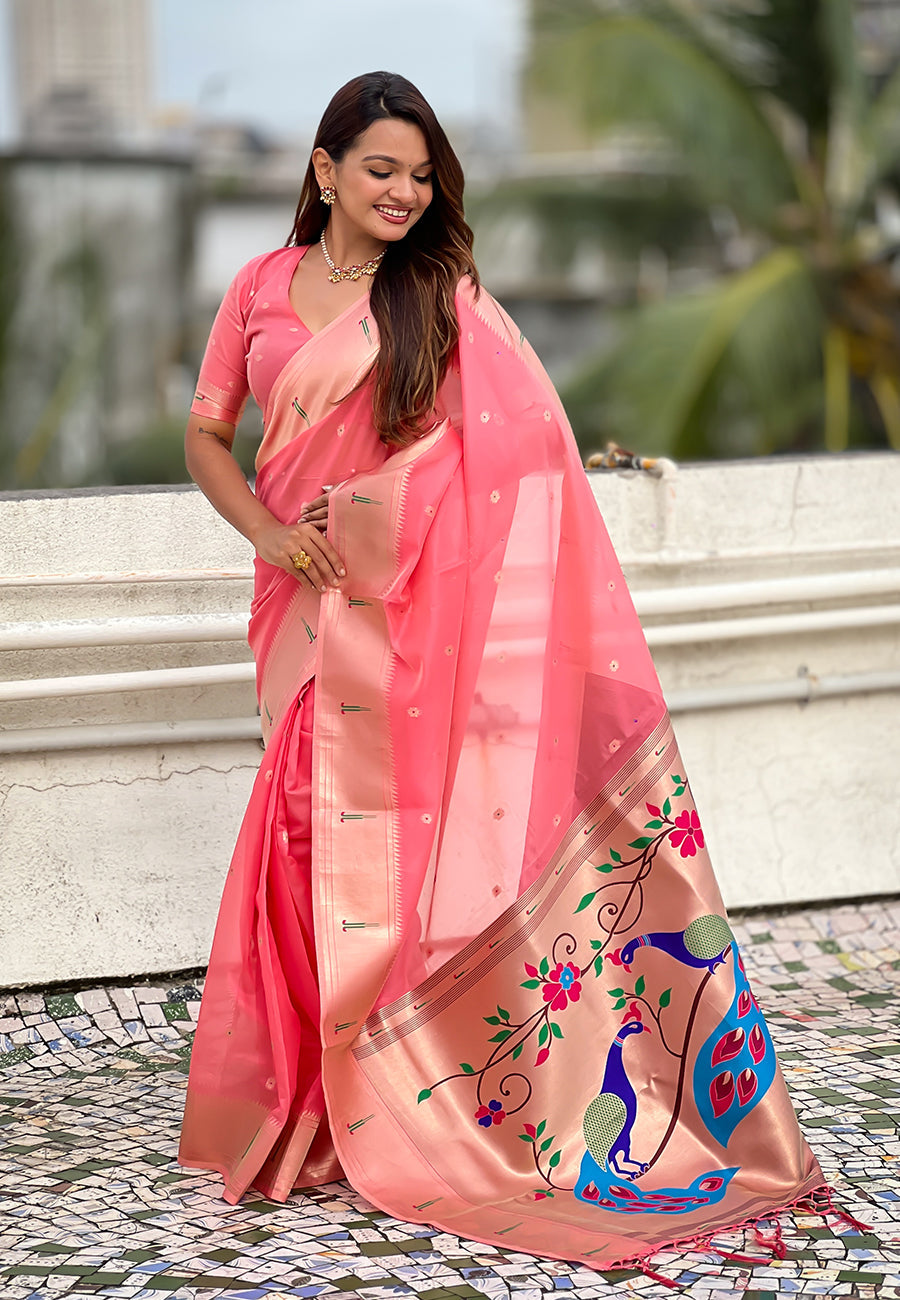 Dark Pink Organza Paithani Zari Woven Saree