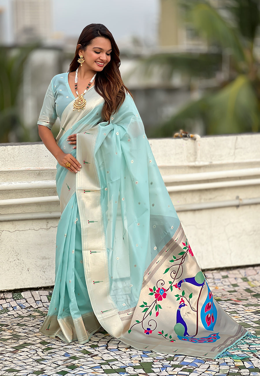 Sky Blue Organza Paithani Zari Woven Saree