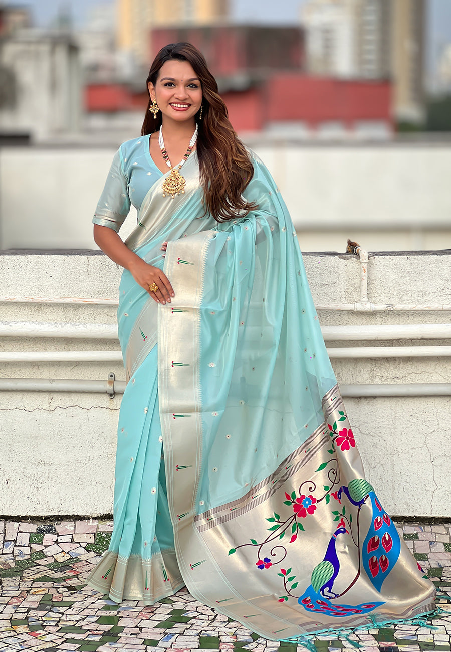 Sky Blue Organza Paithani Zari Woven Saree
