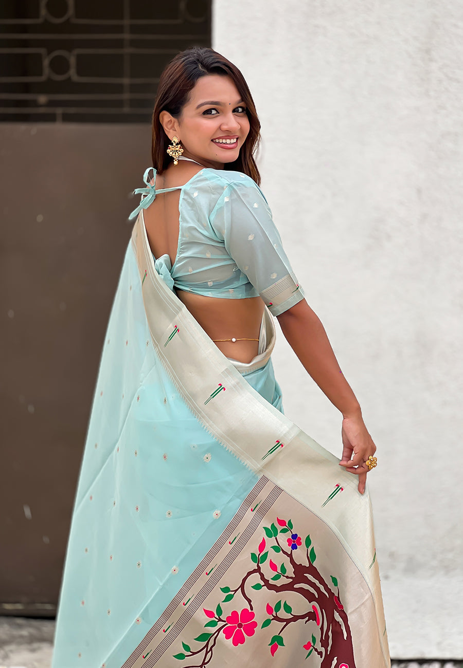 Sky Blue Organza Paithani Zari Woven Saree