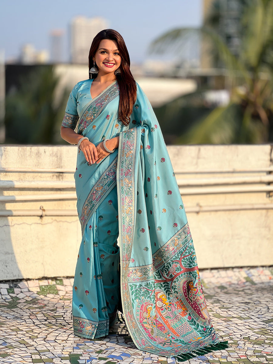 Sea Blue Baluchari Silk Zari Woven Saree