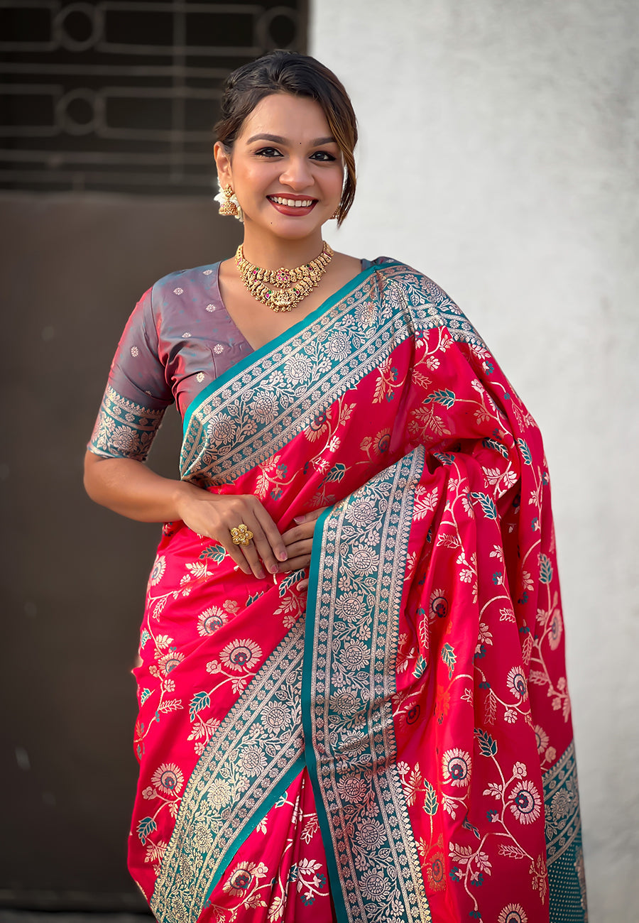 Pink Banarasi Contrast Jaal Soft Silk Zari Woven Saree