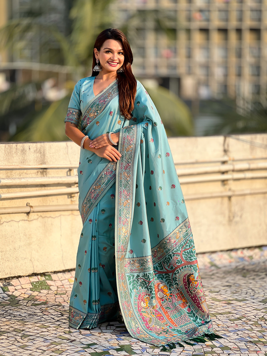 Sea Blue Baluchari Silk Zari Woven Saree