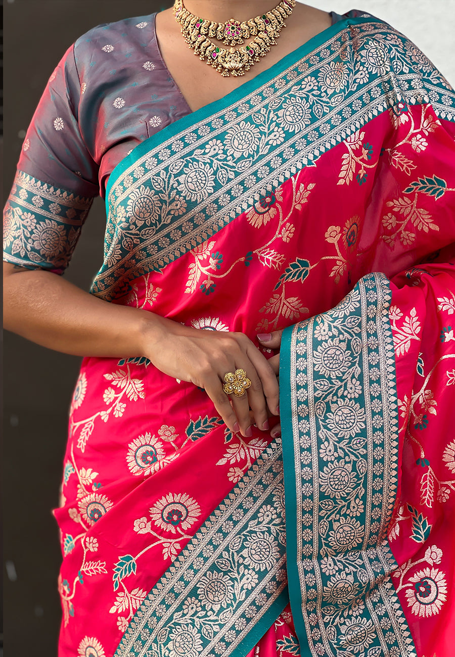 Pink Banarasi Contrast Jaal Soft Silk Zari Woven Saree