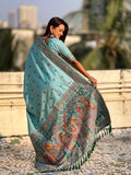 Sea Blue Baluchari Silk Zari Woven Saree