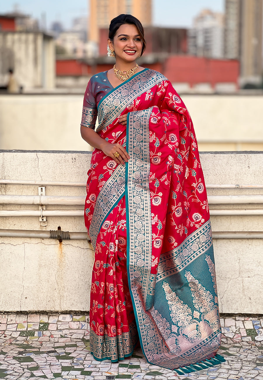 Pink Banarasi Contrast Jaal Soft Silk Zari Woven Saree