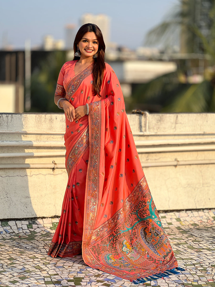 Peach Baluchari Silk Zari Woven Saree