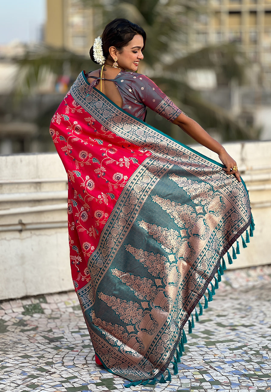 Pink Banarasi Contrast Jaal Soft Silk Zari Woven Saree