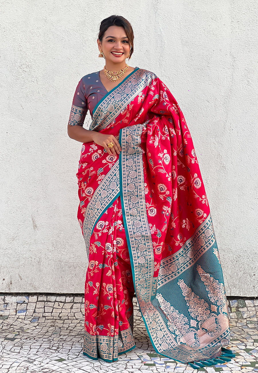 Pink Banarasi Contrast Jaal Soft Silk Zari Woven Saree