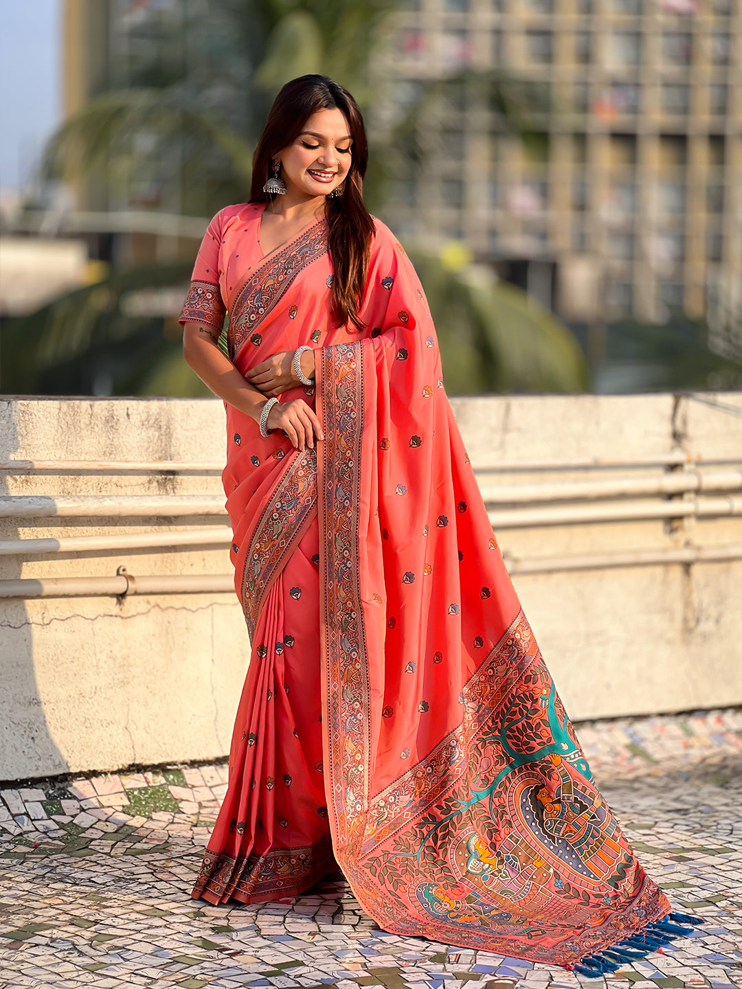 Peach Baluchari Silk Zari Woven Saree