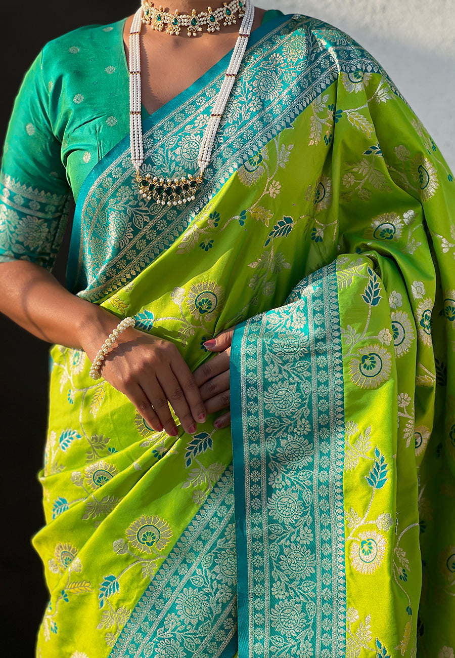 Parrot Green Banarasi Contrast Jaal Soft Silk Zari Woven Saree