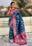 Blue Banarasi Contrast Jaal Soft Silk Zari Woven Saree
