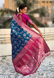 Blue Banarasi Contrast Jaal Soft Silk Zari Woven Saree