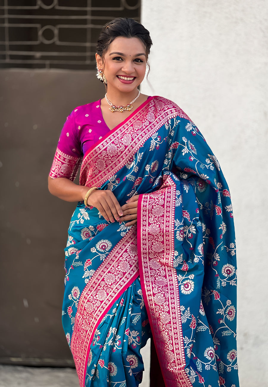 Blue Banarasi Contrast Jaal Soft Silk Zari Woven Saree