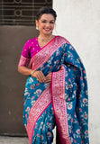 Blue Banarasi Contrast Jaal Soft Silk Zari Woven Saree