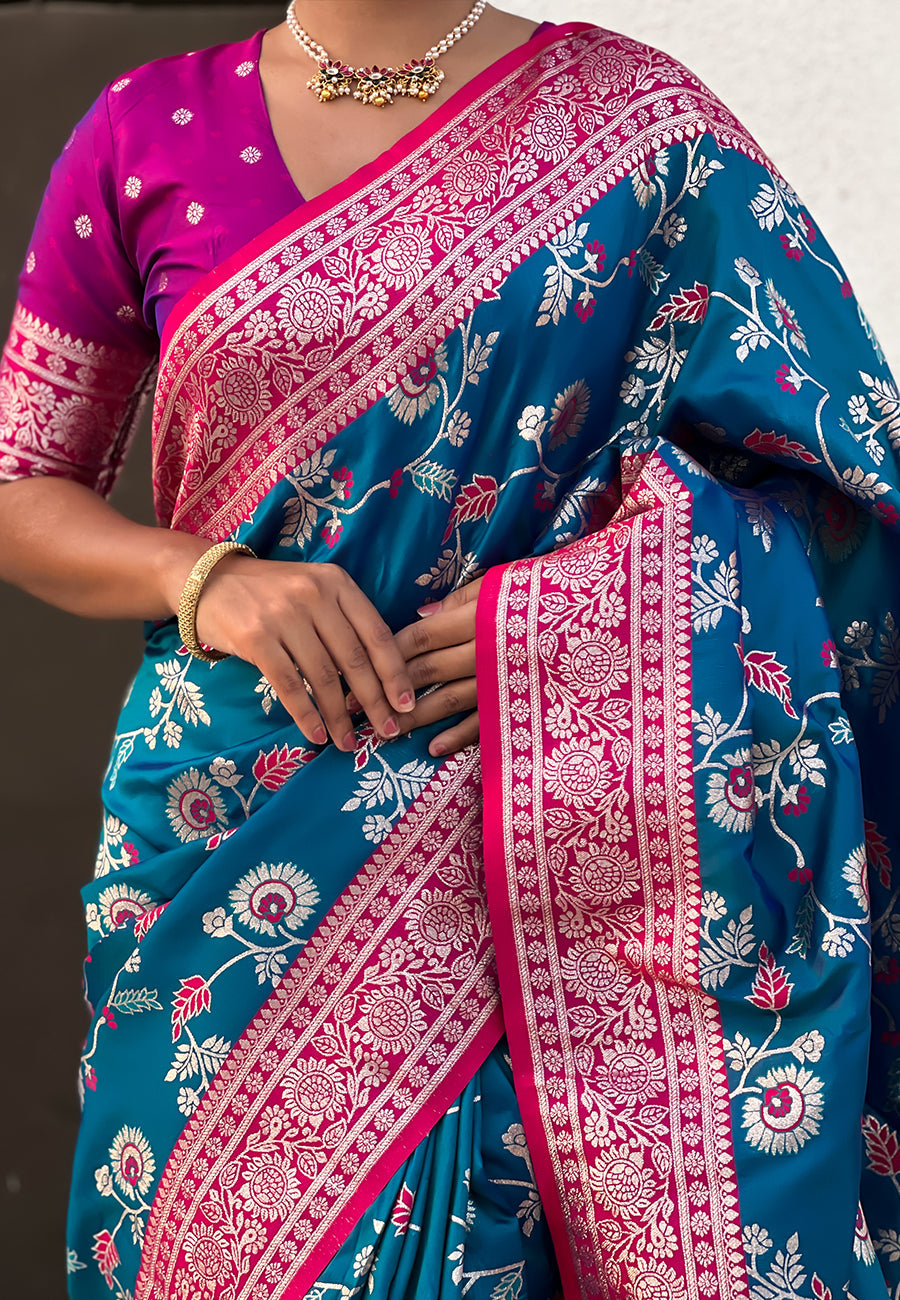 Blue Banarasi Contrast Jaal Soft Silk Zari Woven Saree