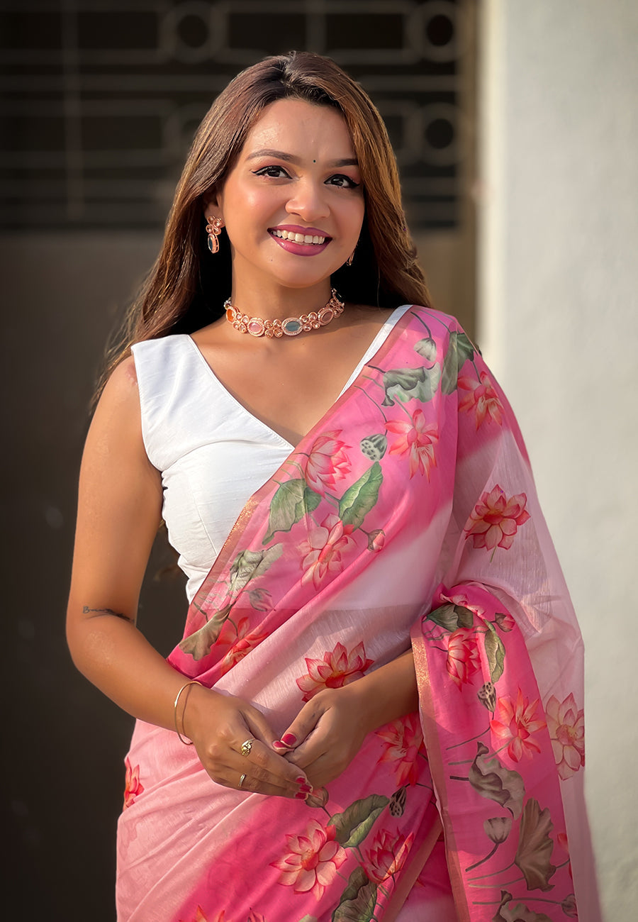 Baby Pink Chanderi Cotton Pichwai Printed Saree with Zari Woven Border