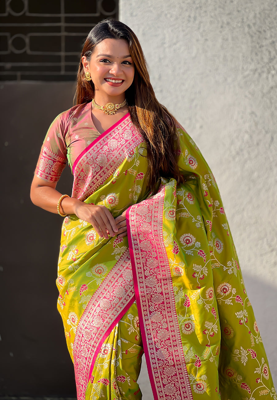Mehendi Green Banarasi Contrast Jaal Soft Silk Zari Woven Saree