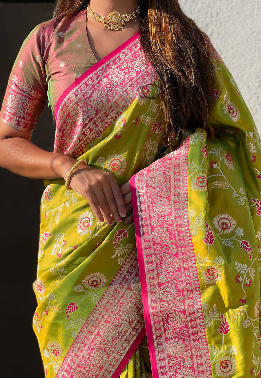 Mehendi Green Banarasi Contrast Jaal Soft Silk Zari Woven Saree