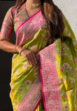 Mehendi Green Banarasi Contrast Jaal Soft Silk Zari Woven Saree