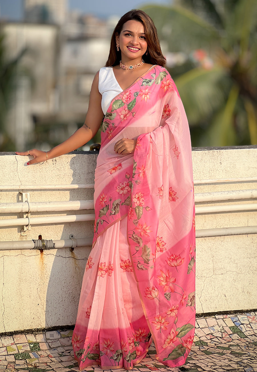 Baby Pink Chanderi Cotton Pichwai Printed Saree with Zari Woven Border