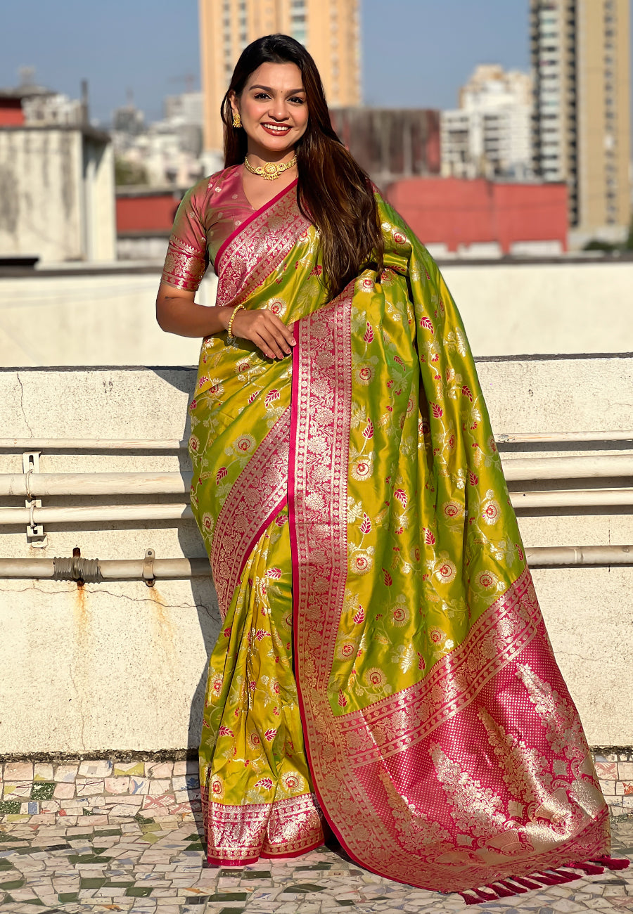 Mehendi Green Banarasi Contrast Jaal Soft Silk Zari Woven Saree