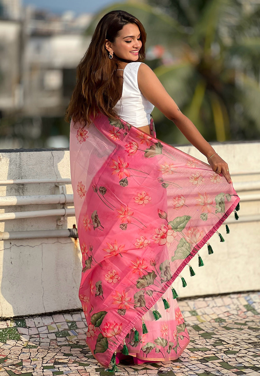 Baby Pink Chanderi Cotton Pichwai Printed Saree with Zari Woven Border