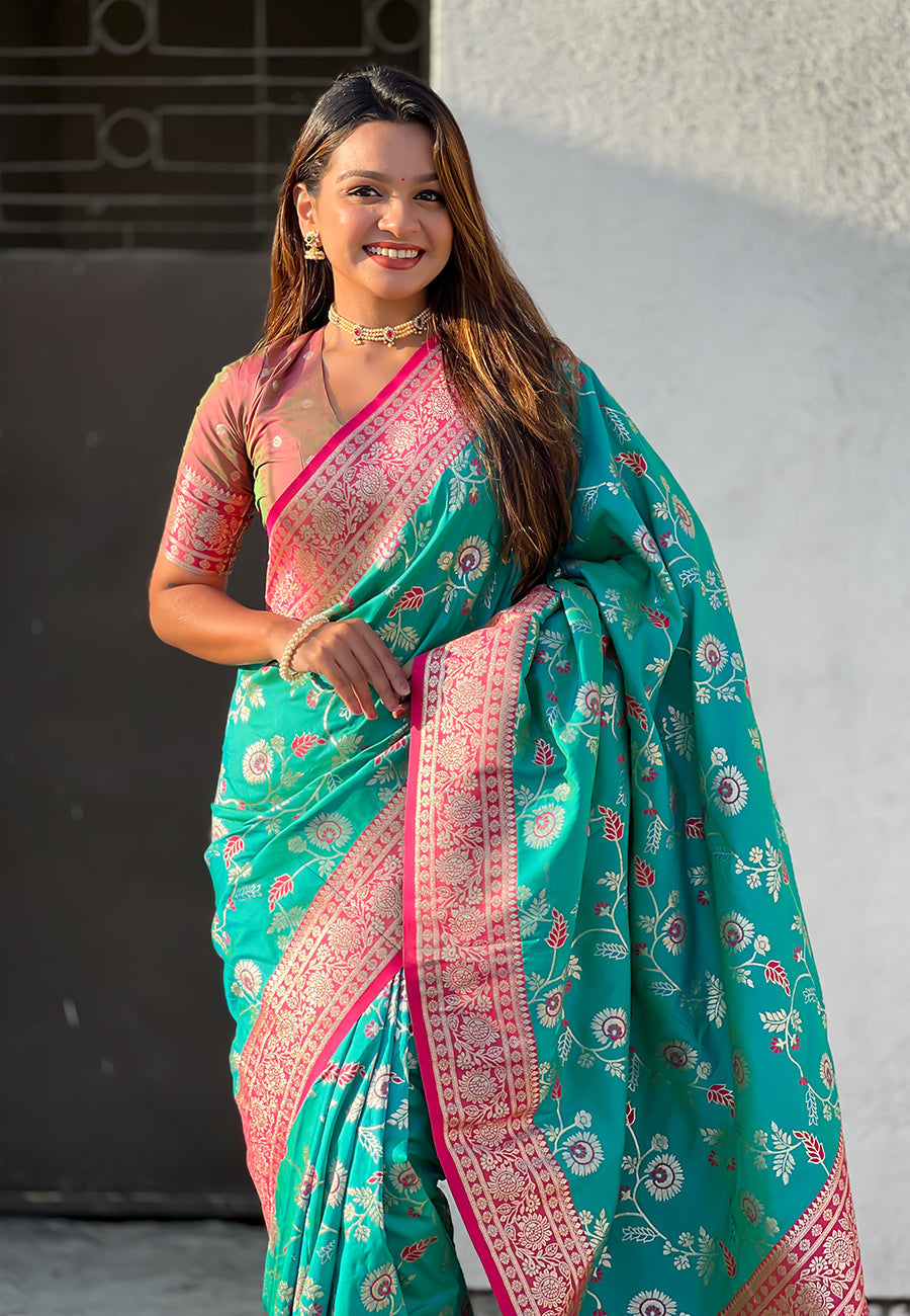 Sky Blue Banarasi Contrast Jaal Soft Silk Zari Woven Saree