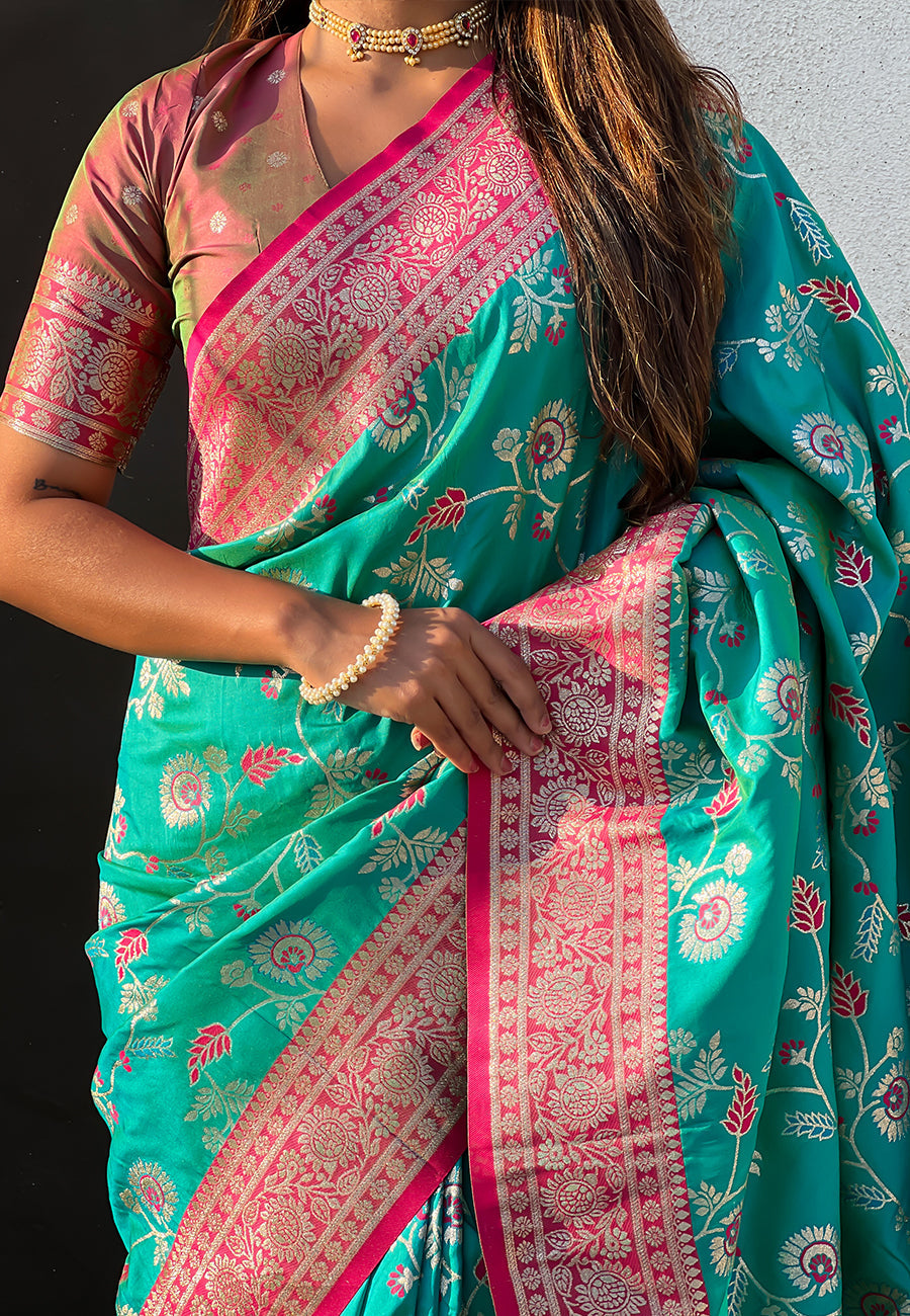 Sky Blue Banarasi Contrast Jaal Soft Silk Zari Woven Saree