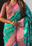 Sky Blue Banarasi Contrast Jaal Soft Silk Zari Woven Saree