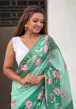 Sea Green Chanderi Cotton Pichwai Printed Saree with Zari Woven Border