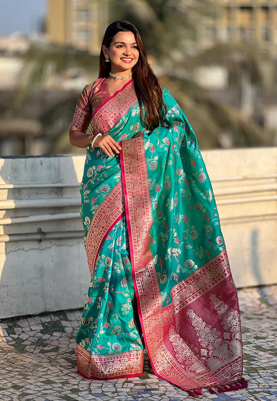 Sky Blue Banarasi Contrast Jaal Soft Silk Zari Woven Saree