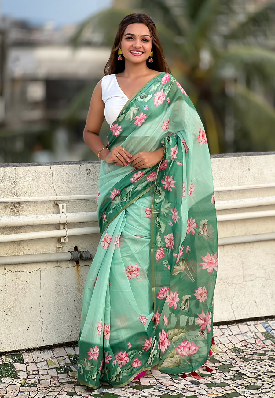Sea Green Chanderi Cotton Pichwai Printed Saree with Zari Woven Border