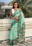 Sea Green Chanderi Cotton Pichwai Printed Saree with Zari Woven Border
