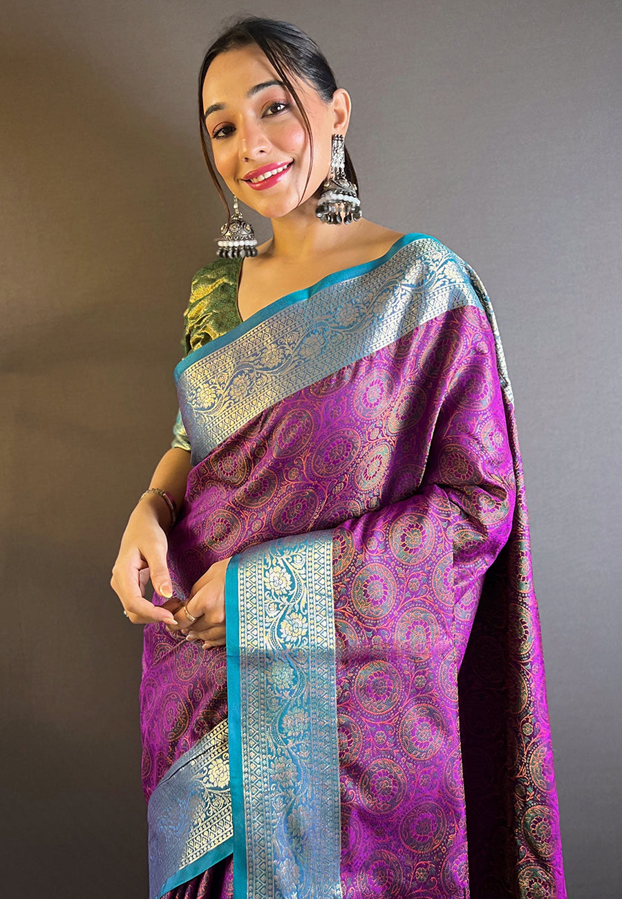 Purple Soft Kashmiri Silk Zari Woven Contrast Saree