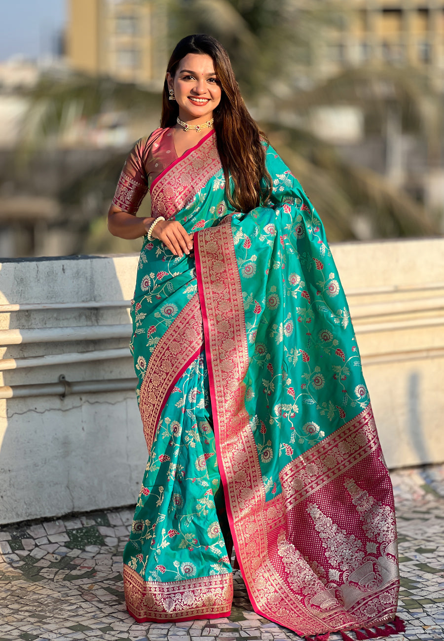 Sky Blue Banarasi Contrast Jaal Soft Silk Zari Woven Saree
