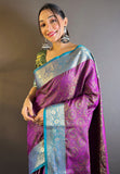 Purple Soft Kashmiri Silk Zari Woven Contrast Saree