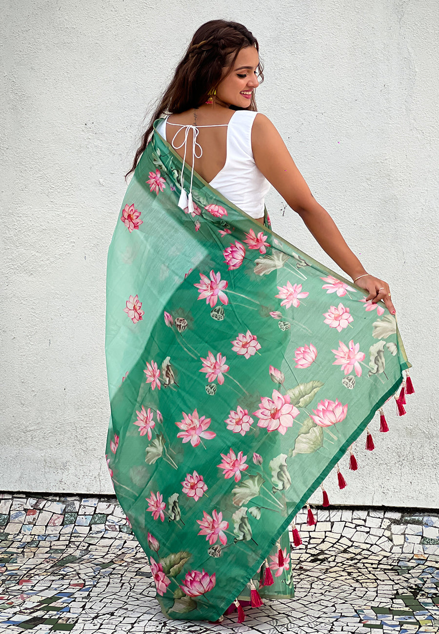 Sea Green Chanderi Cotton Pichwai Printed Saree with Zari Woven Border