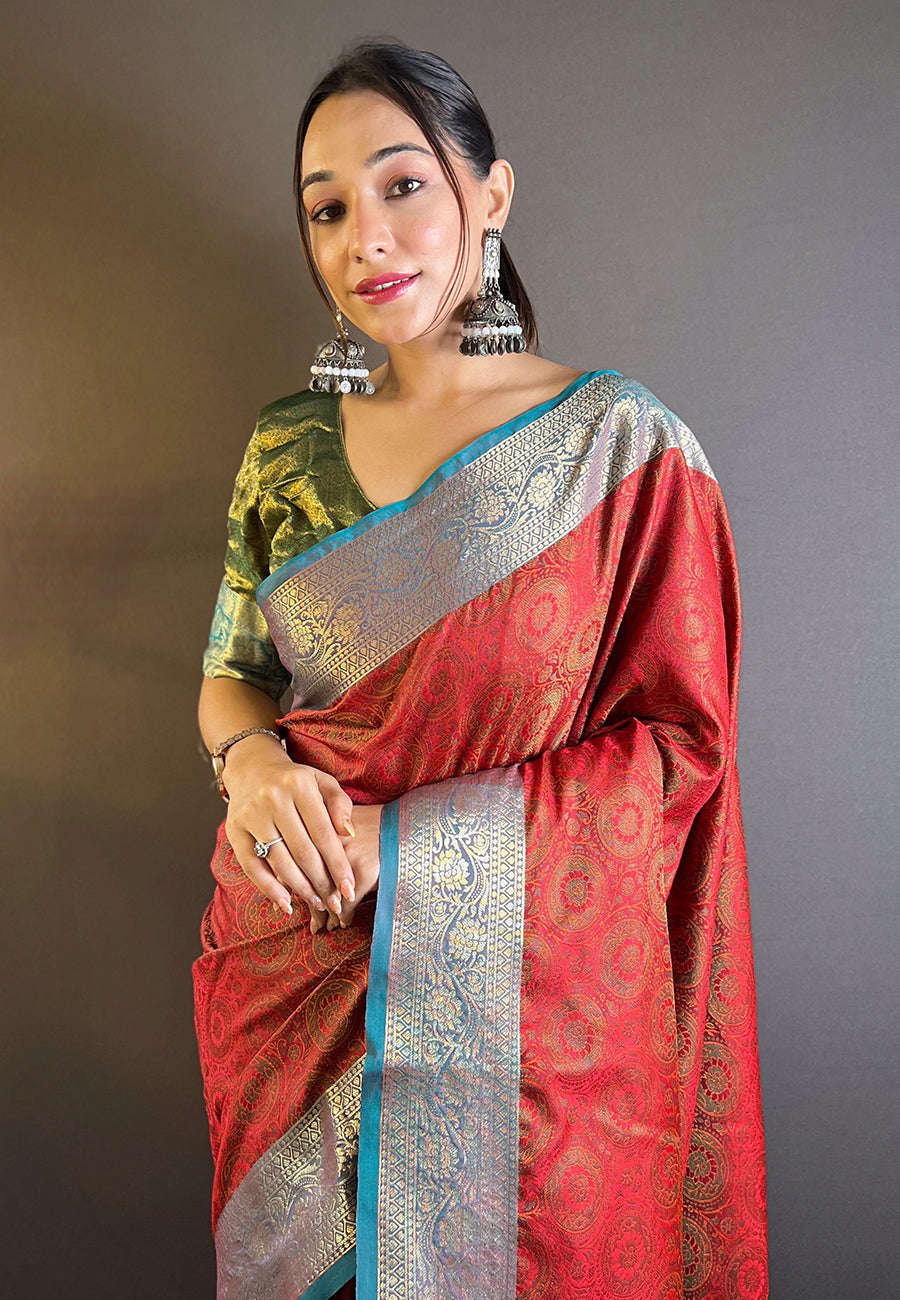 Red Soft Kashmiri Silk Zari Woven Contrast Saree