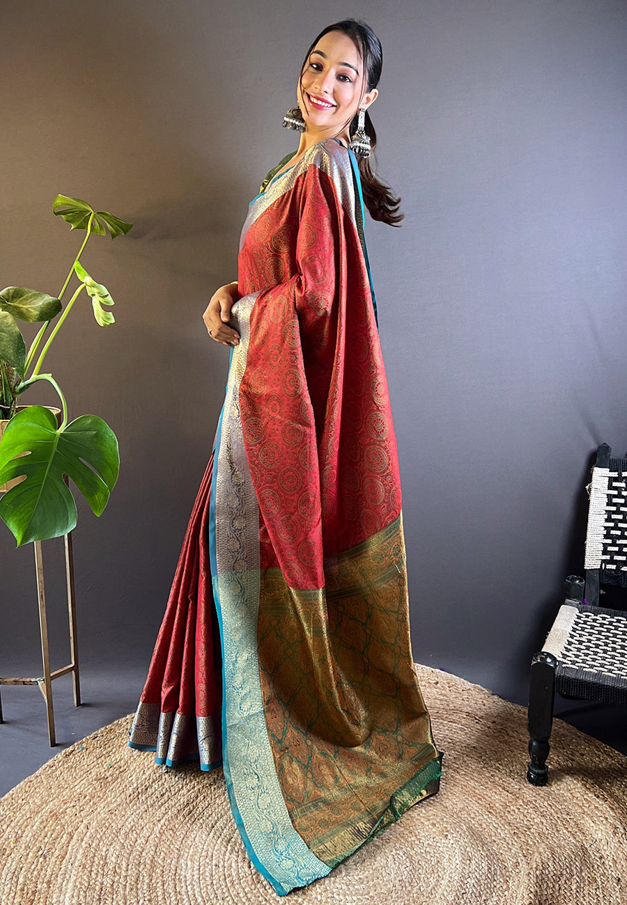 Red Soft Kashmiri Silk Zari Woven Contrast Saree
