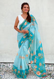 Sky Blue Chanderi Cotton Pichwai Printed Saree with Zari Woven Border