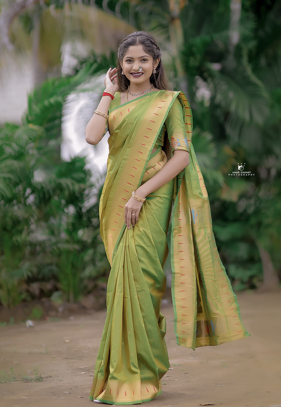 Mehendi Green Zari Woven Ganpati God Paithani Silk Saree