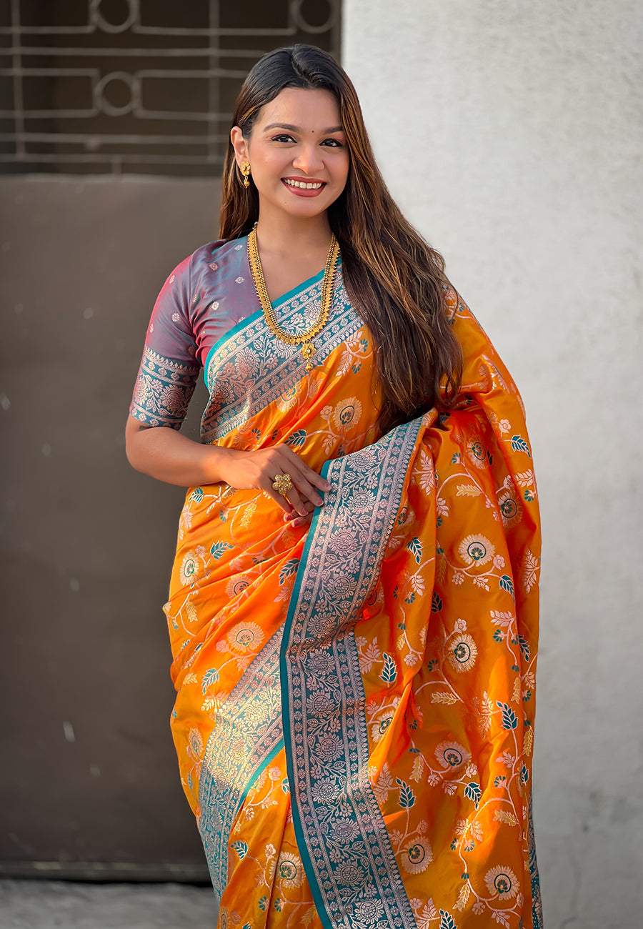 Orange Banarasi Contrast Jaal Soft Silk Zari Woven Saree