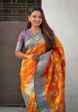 Orange Banarasi Contrast Jaal Soft Silk Zari Woven Saree