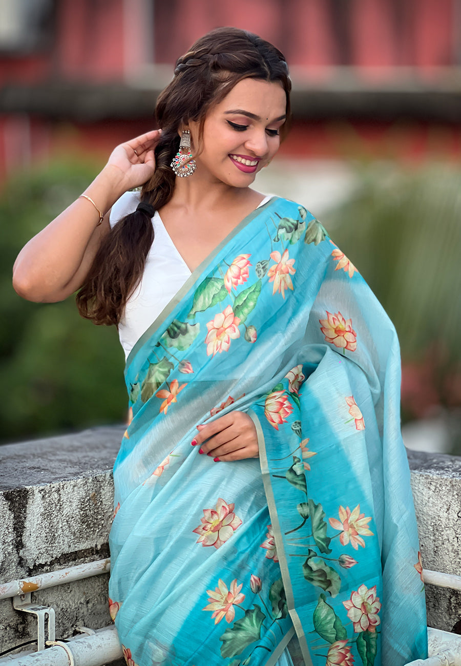 Sky Blue Chanderi Cotton Pichwai Printed Saree with Zari Woven Border