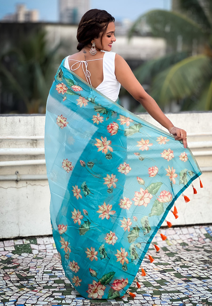 Sky Blue Chanderi Cotton Pichwai Printed Saree with Zari Woven Border